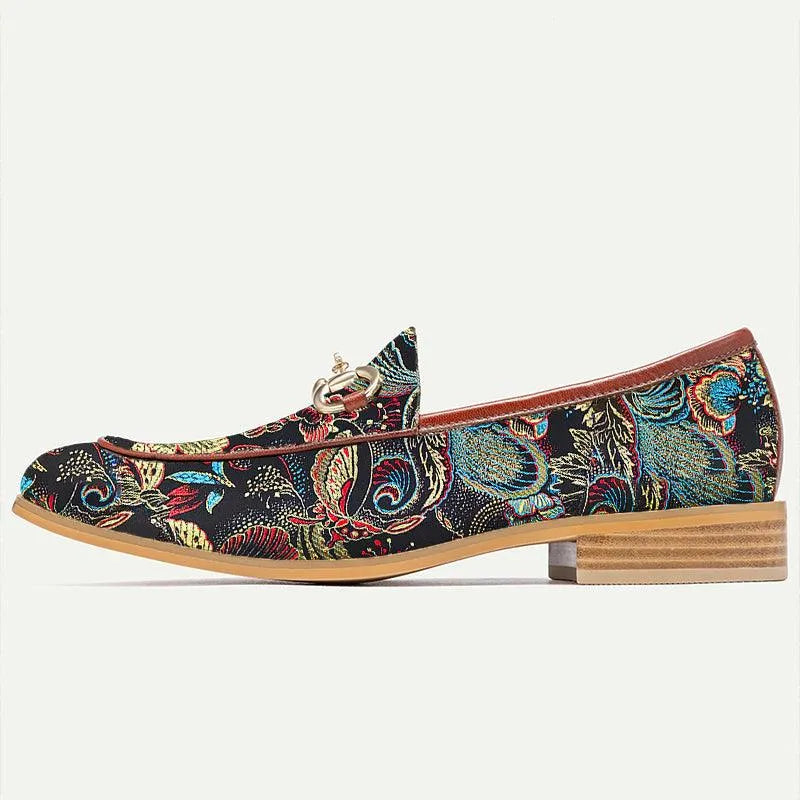 Men's Floral Embroidered Leather Loafers with Chain - Tokiyos