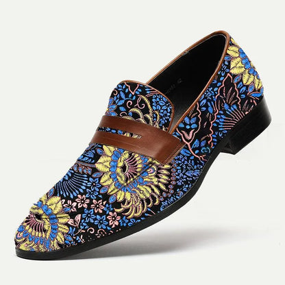 Men's Floral Pattern Printing Leather Loafers Blue - Tokiyos