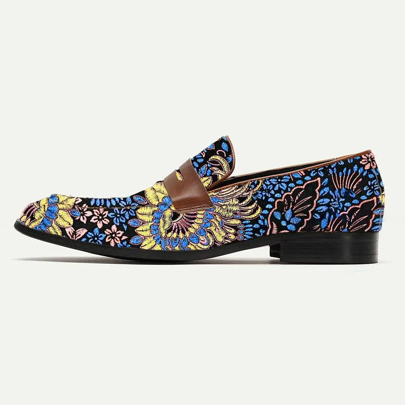 Men's Floral Pattern Printing Leather Loafers Blue - Tokiyos