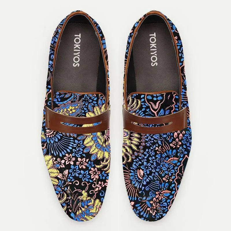 Men's Floral Pattern Printing Leather Loafers Blue - Tokiyos