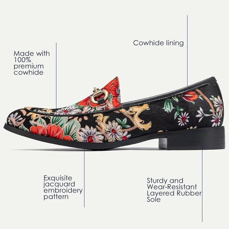 Men's Floral Embroidered Black Leather Loafers with Chain - Tokiyos