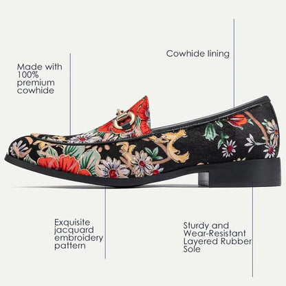 Men's Floral Embroidered Black Leather Loafers with Chain - Tokiyos