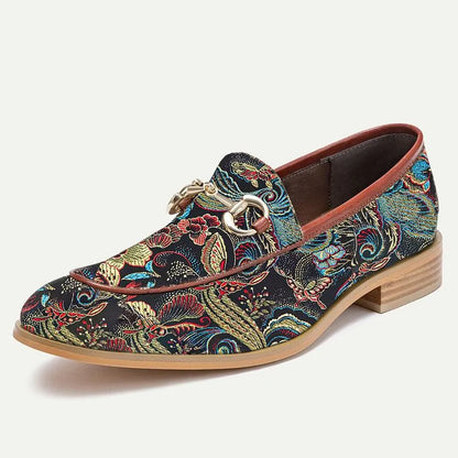 Men's Floral Embroidered Leather Loafers with Chain - Tokiyos