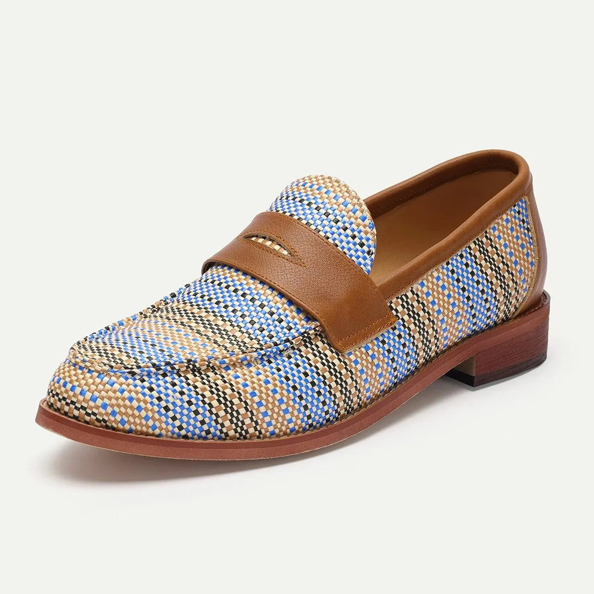 Men's Woven Leather Penny Loafers in Blue Houndstooth - Tokiyos