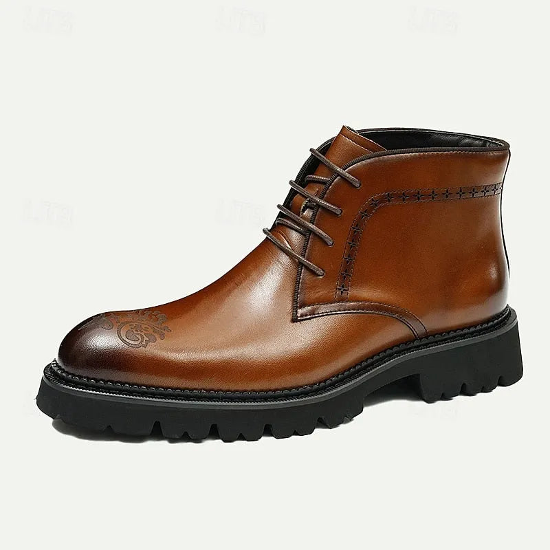 Men's Premium Cowhide Leather Ankle Boots Elegant Embossed Detailing for Business Casual Wear