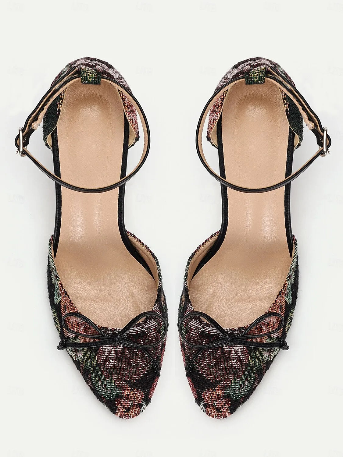 Women's Floral Jacquard Ankle Strap Heels with Block Heel and Bow Detail