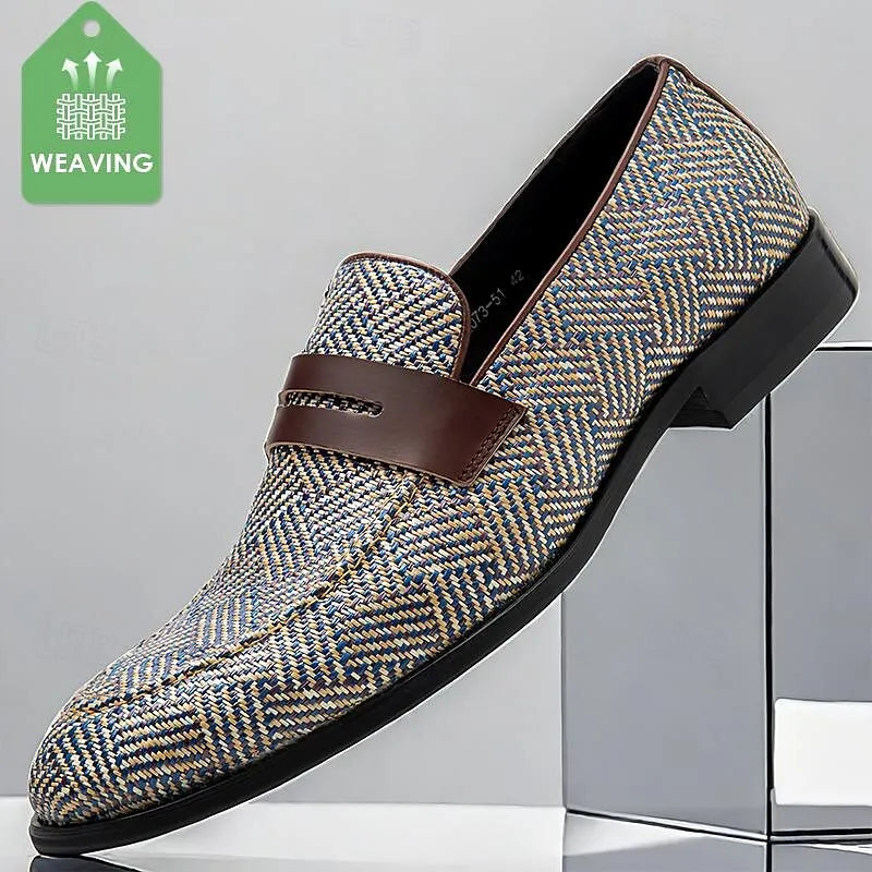 Men's Herringbone Woven Loafers - Breathable Brown and Blue Slip-On Casual Shoes