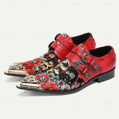 Men's Red Floral Embroidered Monk Strap Shoes Gold Lion Head Buckles - Tokiyos