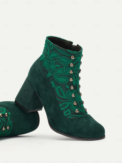 Women's Green Faux Suede Ankle Boots with Snap-Button, Lace Overlay and Side Zipper