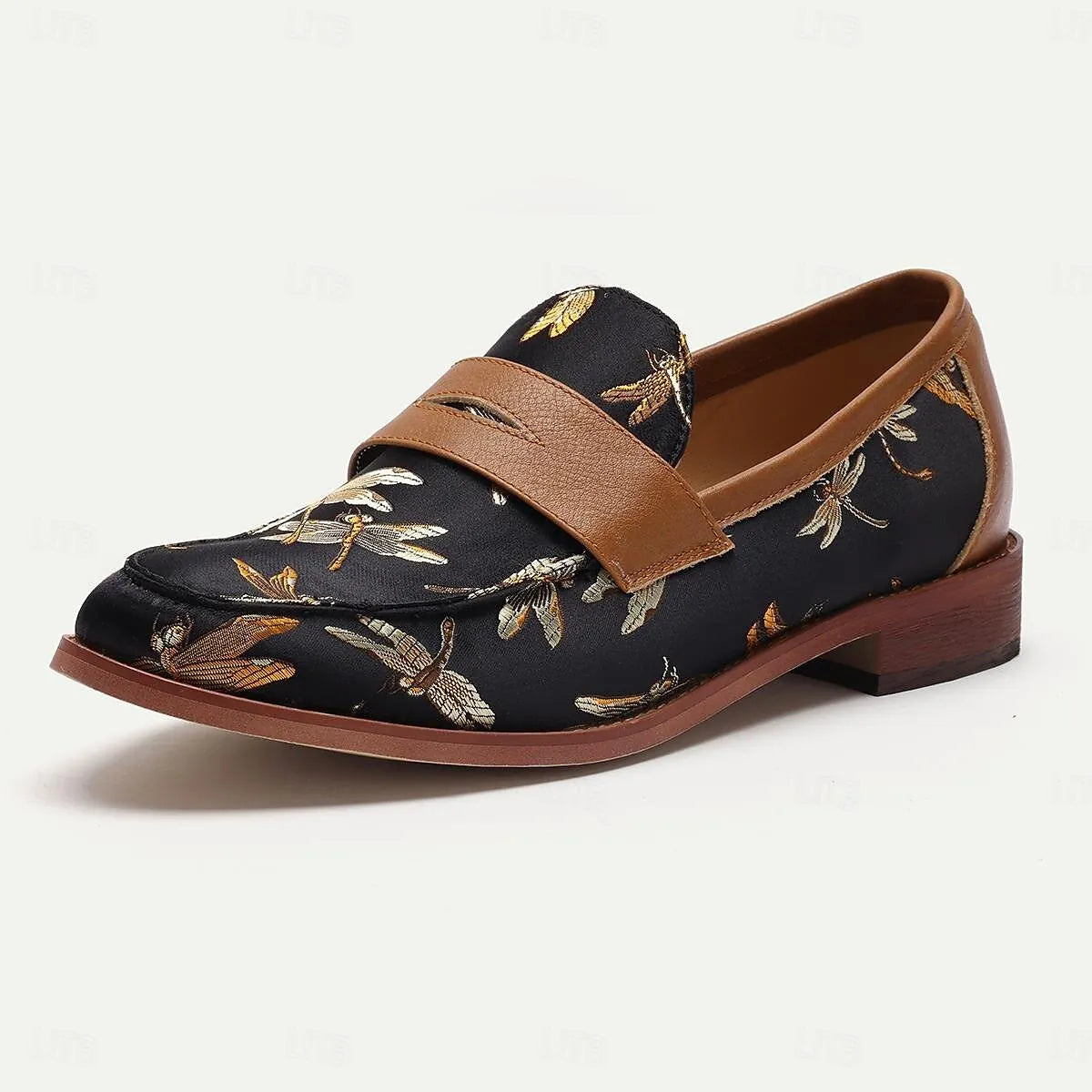 Men's Floral Embroidered Black Leather Loafers - Tokiyos