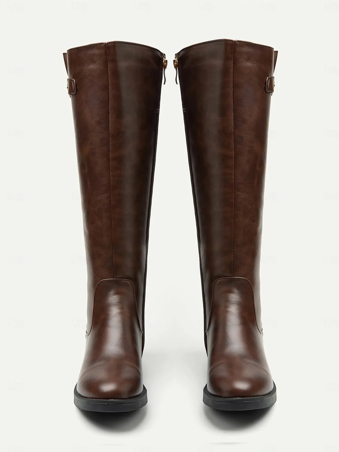 Women's Brown Knee-High Riding Boots with Buckle Detail and Side Zipper