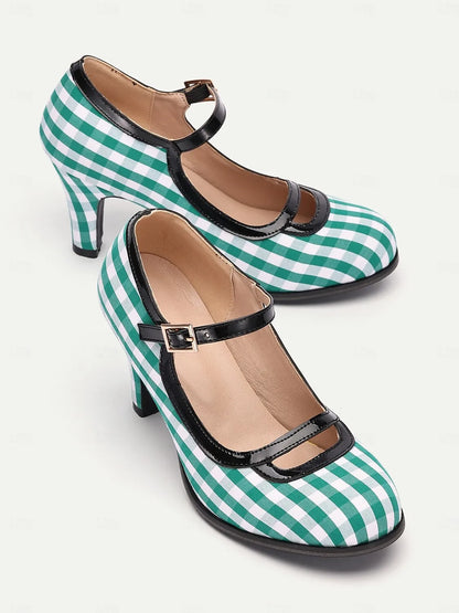 Women's Green Gingham Mary Jane High Heels with Buckle Strap, Retro Style for Vintage-Inspired Outfits and Costume Parties