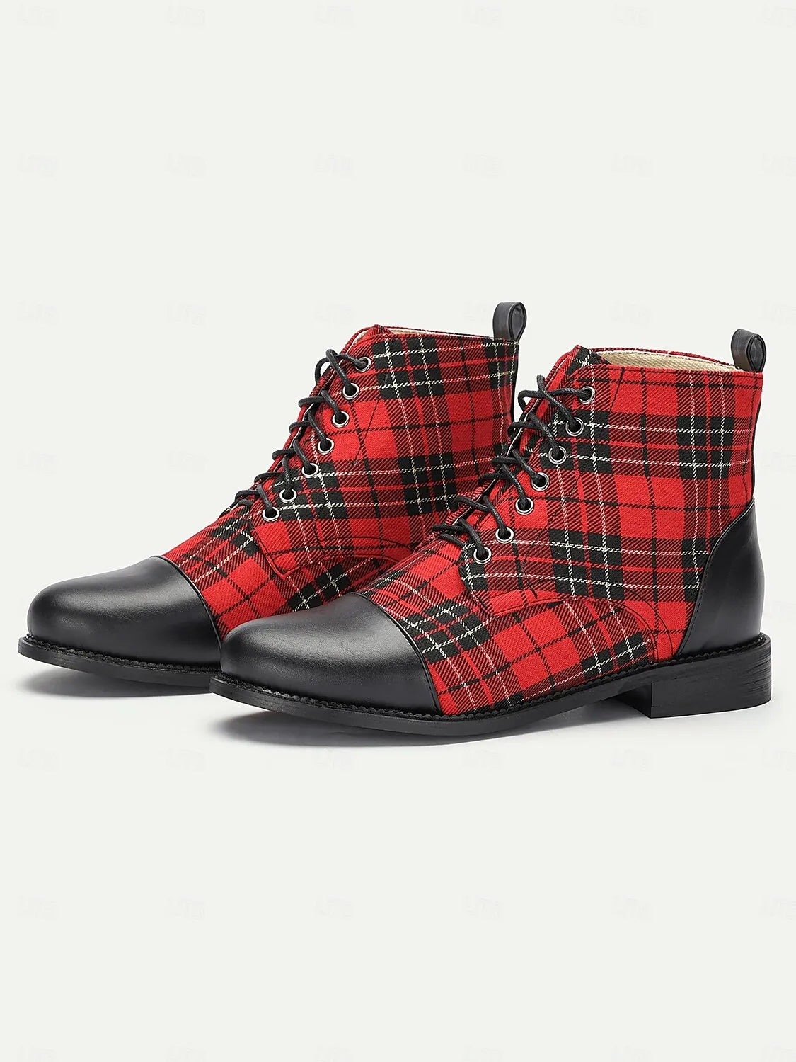 Women's Red Tartan Plaid Ankle Boots with Black Leather Toe Cap