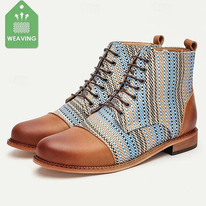 Men's Premium Woven Fabric and Leather Lace-Up Boots with Blue Multicolor Pattern and Leather Toe Cap