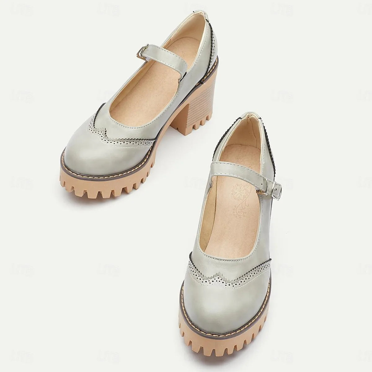 Chunky Platform Mary Jane Heels for Women - Gray Leather with Buckle Strap and Lug Sole - Tokiyos