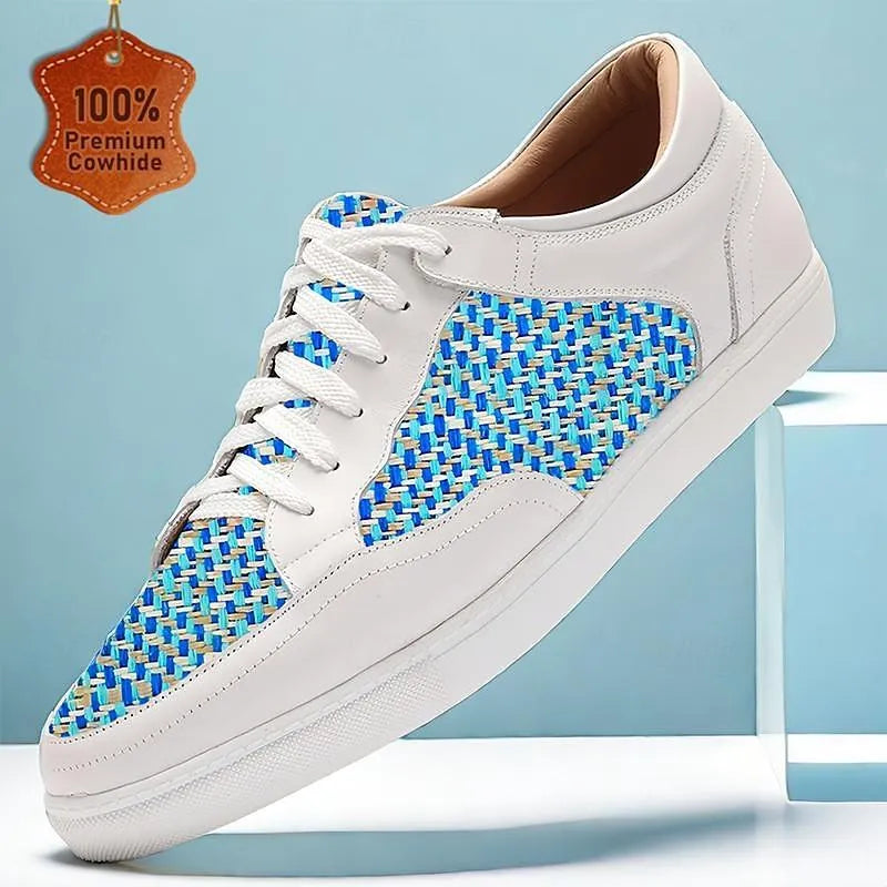 Men's White Leather Sneakers with Blue Woven Pattern - Comfortable Casual Shoes - Tokiyos