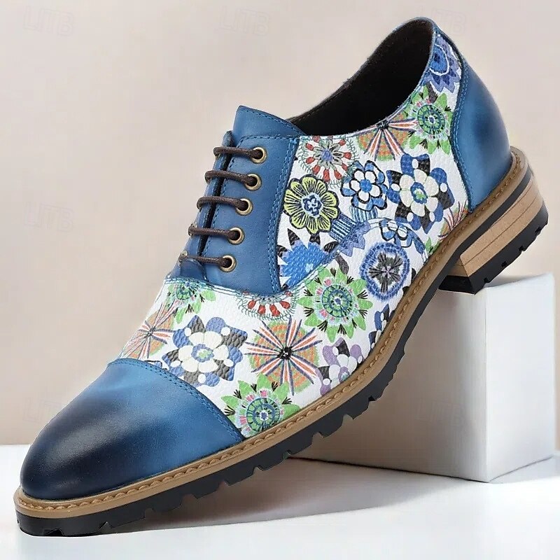 Men's Vintage-Inspired Floral Print Leather Oxfords - Stylish and Comfortable