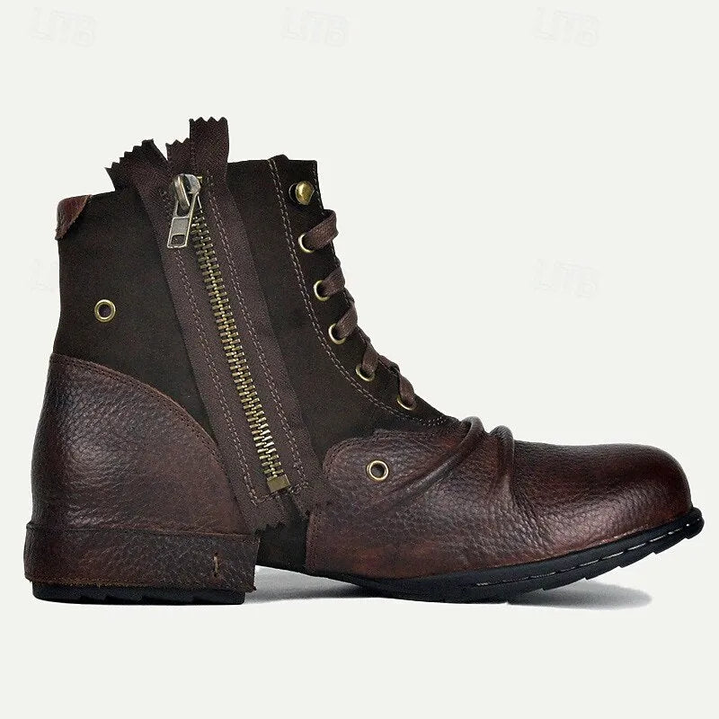 Men's Handmade Goodyear Welted Leather Lace-Up Boots with Dual Zippers and Textured Finish