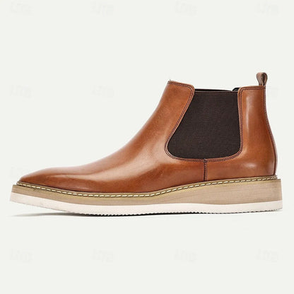 Men's Premium Cowhide Tan Leather Chelsea Boots with Contrast Sole and Elastic Side Panels