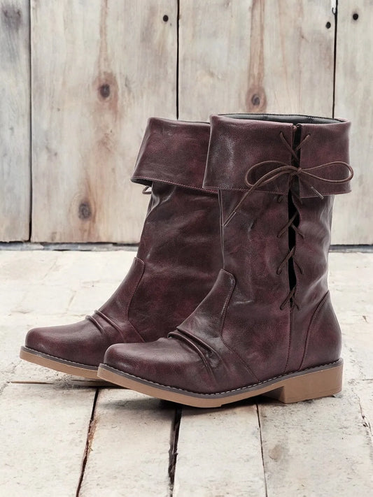 Women's Burgundy Convertible Mid-Calf Boots with Fold-Down Cuff and Lace-Up Detail - Versatile Vintage-Inspired Footwear for Casual and Fall Outfits