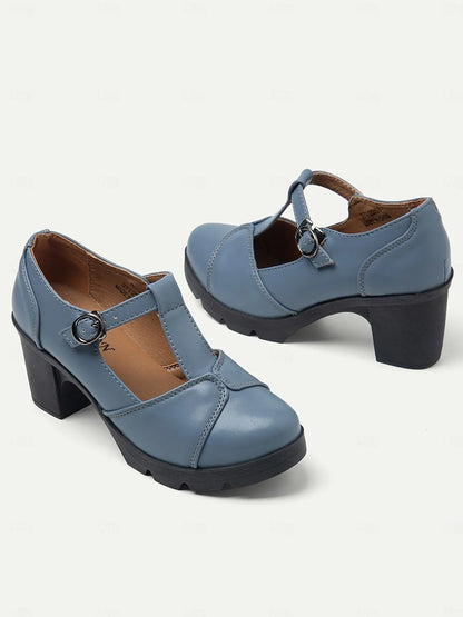 Women's Blue Mary Jane Chunky Heel Shoes - Retro T-Strap Design for Office and Casual Wear