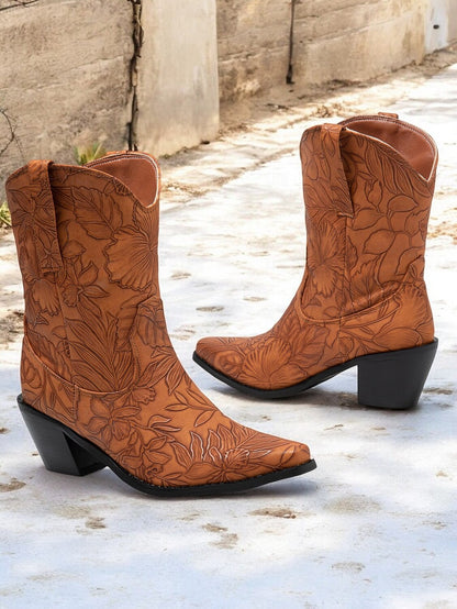 Women's Floral Embossed Western Cowboy Boots in Brown – Mid-Heel Pull-On Boots for Outdoor and Casual Wear