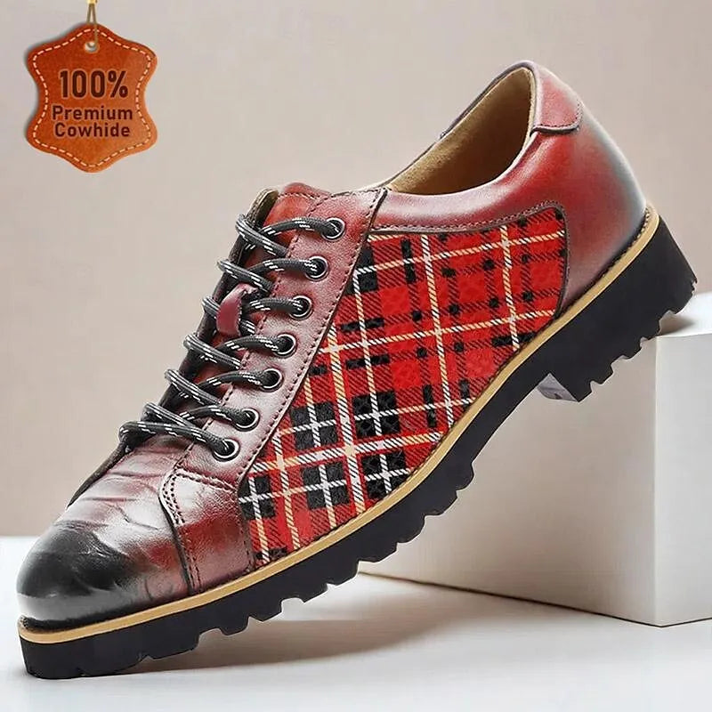 Men's Premium Cowhide Red Plaid Outdoor Shoes with Rugged Sole and Black Accents