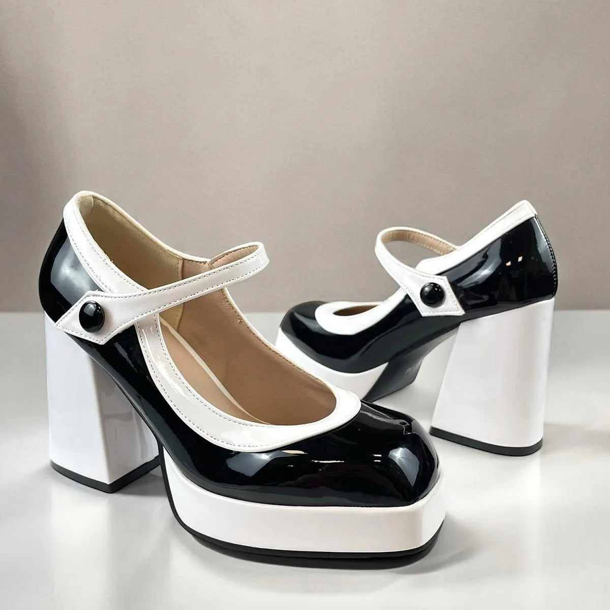 Black and White Platform Mary Jane Heels with Strap for Women - Tokiyos