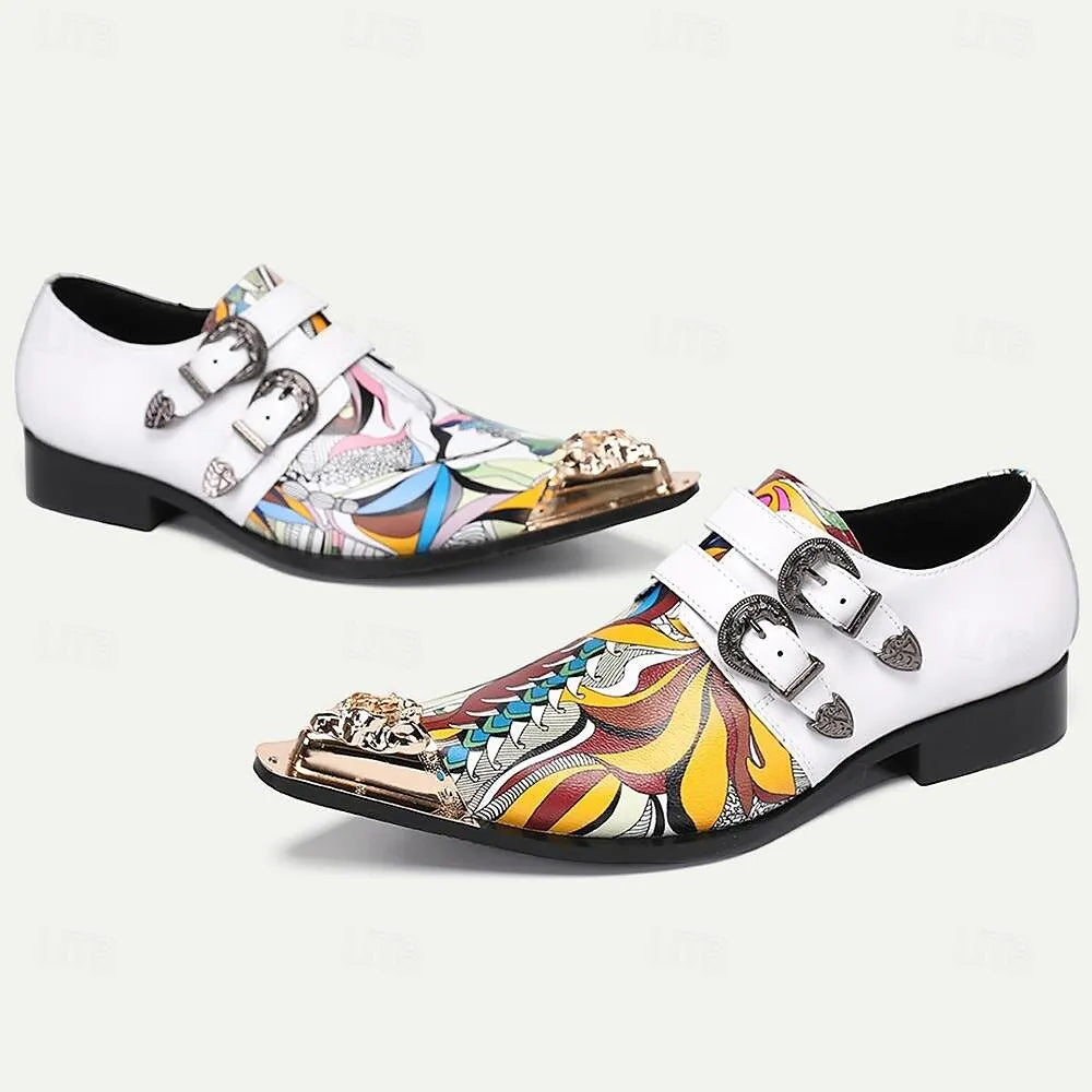 Men's White Monk Strap Shoes Colorful Artistic Print Lion Head Buckles - Tokiyos