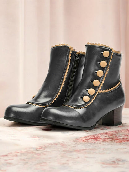 Victorian Vintage Green Leather Ankle Boots for Women -Retro Button Design with Scalloped Trim, Perfect for Fall Fashion