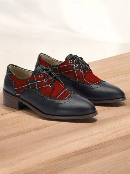 Women's Black Leather Oxford Shoes with Red Tartan Plaid Panels