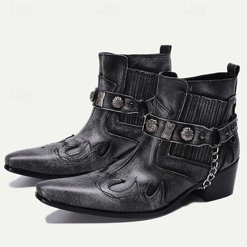 Men's Black Premium Cowhide Leather Motorcycle Boots with Western Style, Metal Studded Strap, and Chain Accent - Perfect for Biker and Cowboy-Inspired Fashion