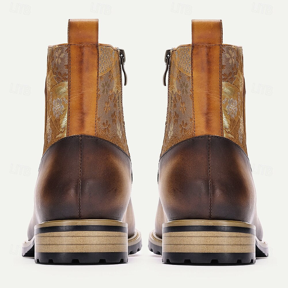 Men's Vintage Cowhide Leather Floral Brocade Ankle Boots with Button-Up Detail