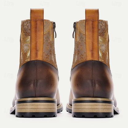 Men's Vintage Cowhide Leather Floral Brocade Ankle Boots with Button-Up Detail