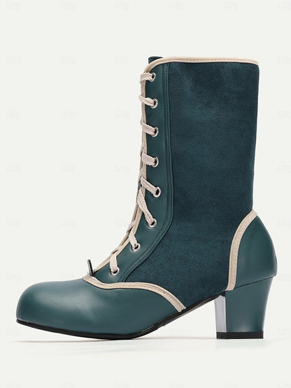 Women's Vintage Lace-Up Mid Heel Boots in Teal with Faux Suede and Faux Leather Panels – Ideal for Retro-Inspired Fashion, Cosplay, or Victorian-Style Costumes