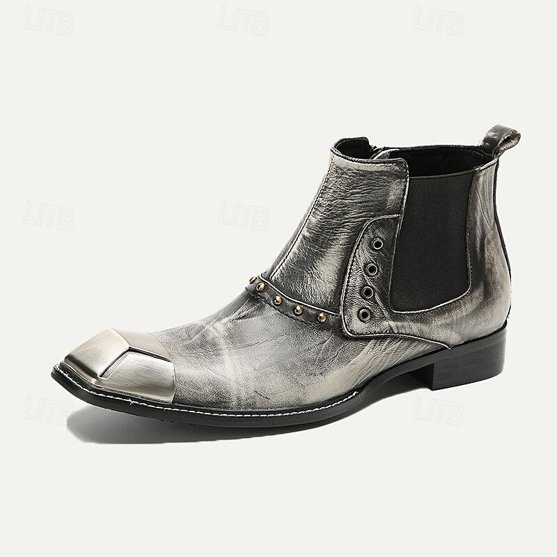 Men's Metallic Silver Leather Chelsea Motorcycle Boots-Pointed Toe Ankle Boots