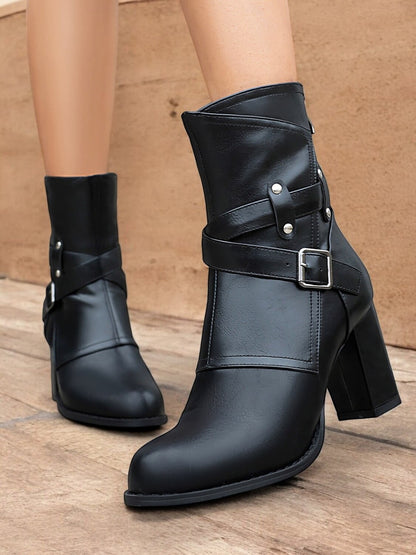 Women's Green Ankle Boots with Buckle Straps – Chunky Block Heel, Zip Closure, Perfect for Fall and Winter Fashion