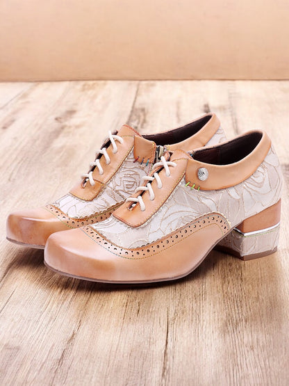 Women's Vintage Tan Oxford Shoes with Premium Leather, Brogue Detailing, Floral Embroidery, and Low Block Heel