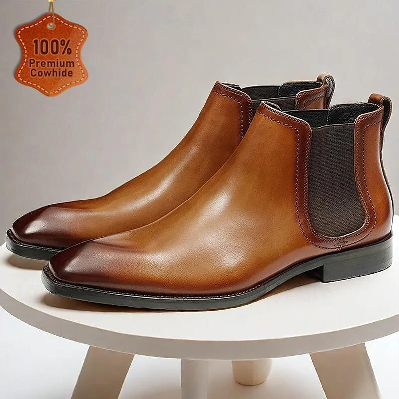 Men's Brown Leather Chelsea Boots - Premium Cowhide Slip-On Dress Shoes