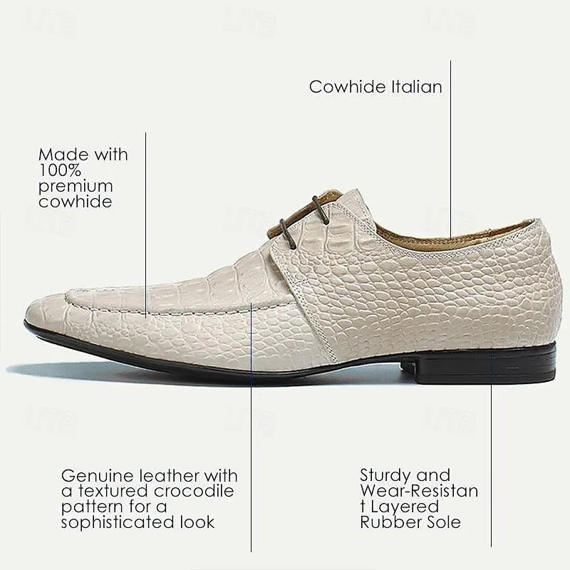 Men's Luxury Alligator Pattern Leather Lace-Up Dress Shoes in Ivory - Tokiyos