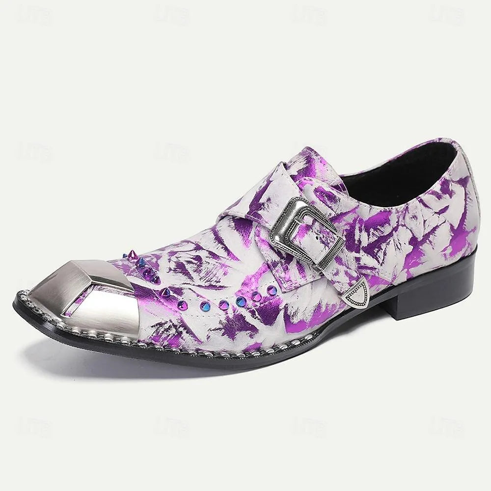 Men's Metallic Purple Printed Leather Shoes with Buckle and Spikes - Tokiyos