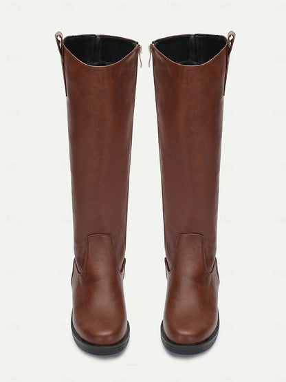 Women's Vintage Brown Knee-High Boots with Decorative Buttons Stylish Faux Leather