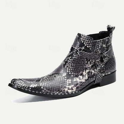 Men's Premium Cowhide Leather Ankle Boots with Snakeskin Pattern