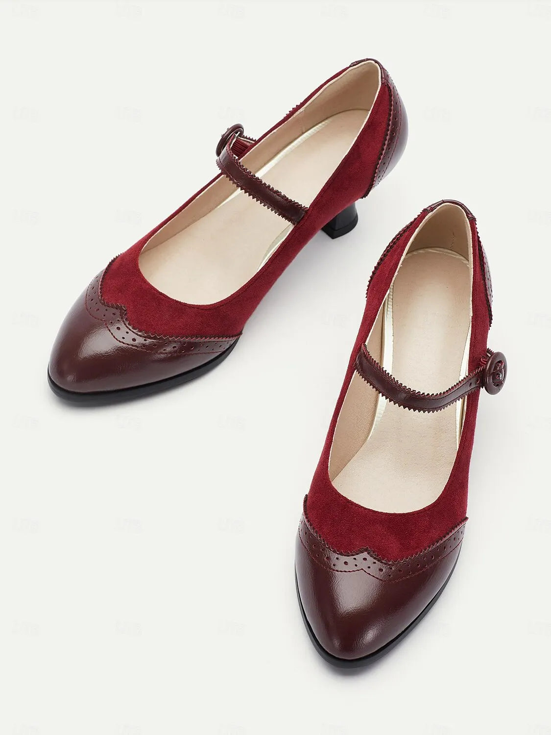 Women's Vintage Red and Brown Mary Jane Pumps with Suede and Leather Combination, Brogue Detailing, and Low Block Heel