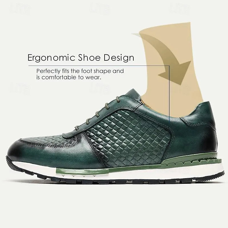 Men's Textured Green Leather Sneakers Non-Slip Sole - Tokiyos