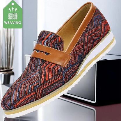 Men's Brown and Red Woven Slip-On Loafers - Breathable Patterned Casual Shoes