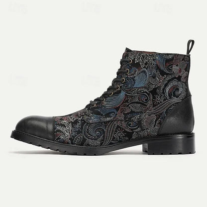 Men's Black Premium Cowhide Lace-Up Boots with Multicolored Patterns and Rugged Sole