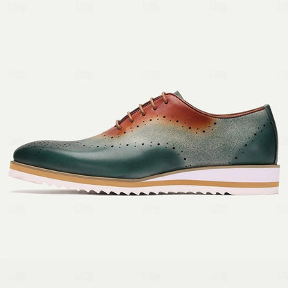 Men's Gradient Green and Brown Leather Oxford Shoes - Tokiyos