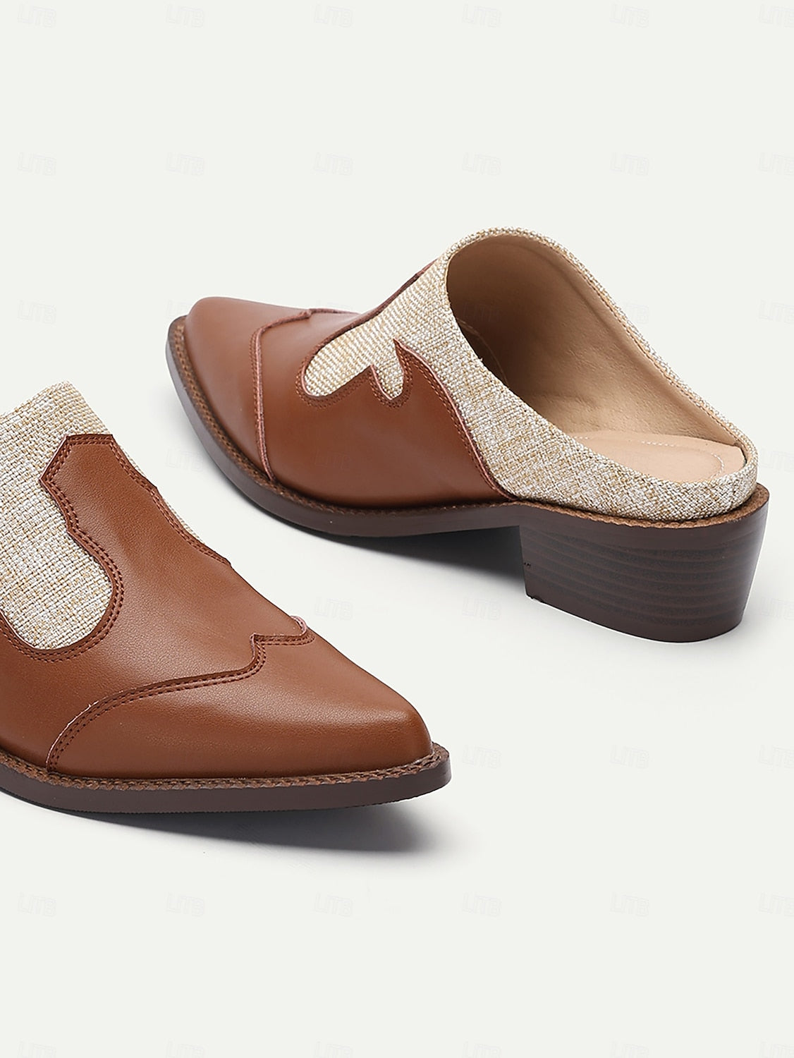 Women's Brown Slip-On Mules with Woven Accents and Western-Inspired Design, Comfortable Low Heels for Casual or Everyday Wear