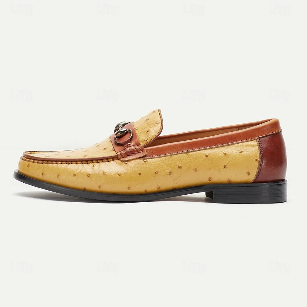 Men's Yellow and Brown Ostrich Leather Loafers with Metal Bit Detail - Stylish Slip-On Dress Shoes for Formal and Casual Wear